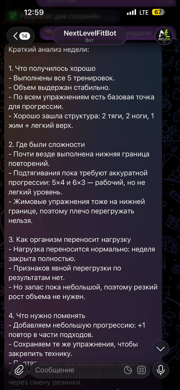 Анализ прогресса после тренировочной недели